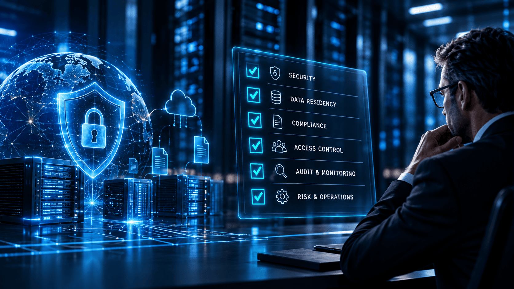 Enterprise AI governance checklist with security, data residency, compliance, access control, audit and operations controls